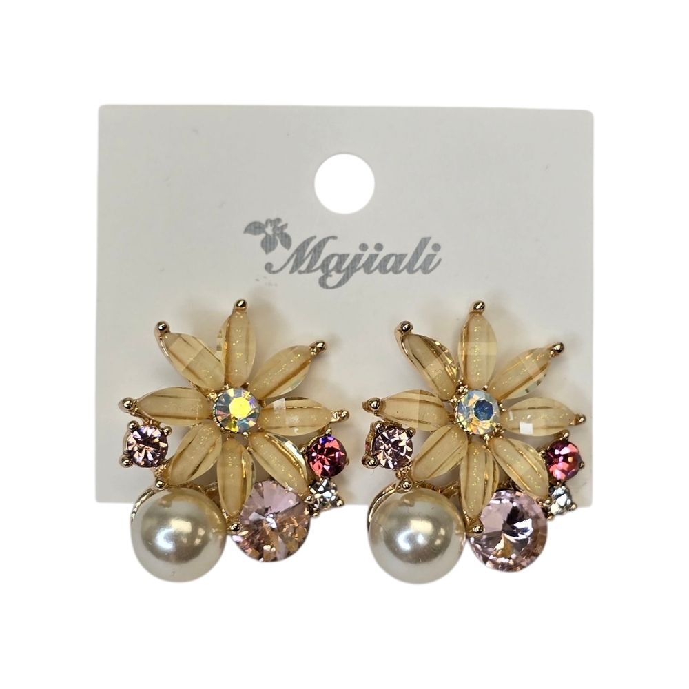 New Lily Flower Faux Pearl Pink Clear Crystal Floral Earrings